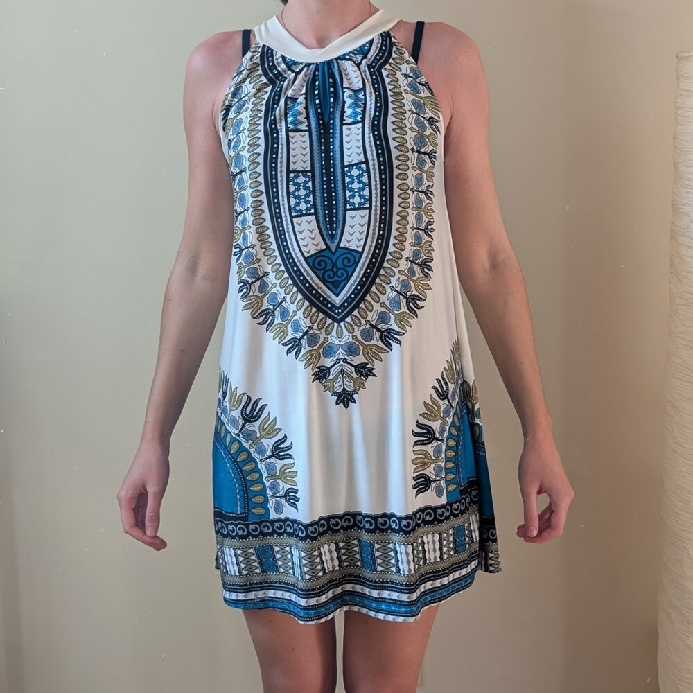 Graphic Print Mini Tie Neck Dress S M White Blue Teal Tribal Tropical Halter - Picture 3 of 7